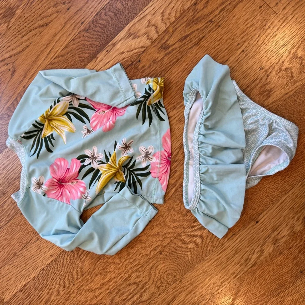 Carter's, Little Me, lot of 4 swimsuits 6-9 months blue, teal, pink Rash guards
